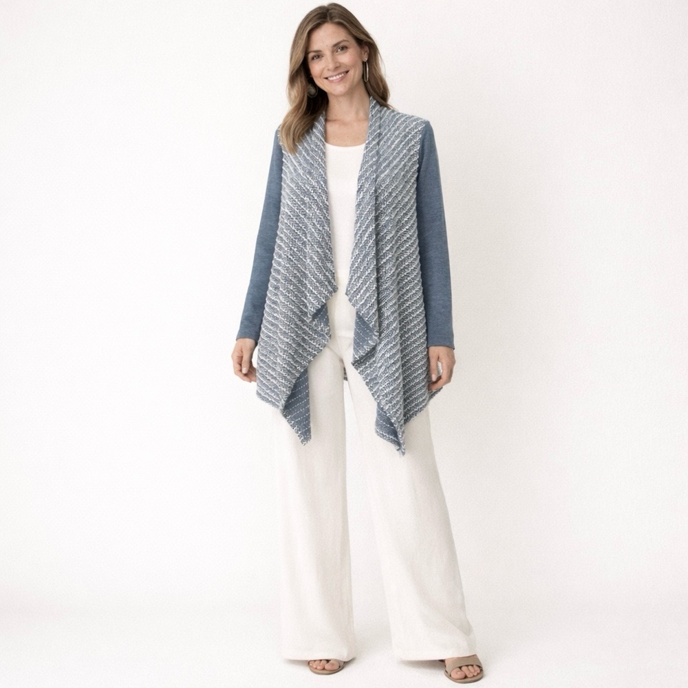 LOGO Lori Goldstein XS Waterfall Cardigan Knit Women’s Sweater Blue White